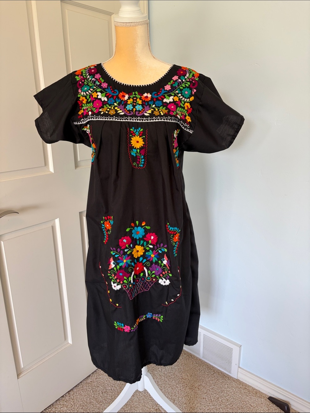 Teen Girl’s Black Mexican-Themed Embroidered Floral Dress